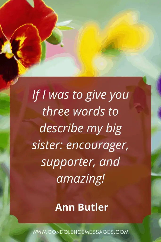 Loss of Sister Saying - was to give you three words to describe my big sister: encourager, supporter, and amazing! - Ann Butler