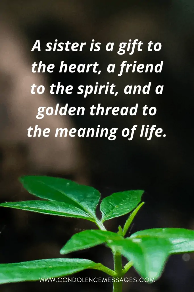 Meaningful quote for loss of sister - A sister is a gift to the heart, a friend to the spirit, and a golden thread to the meaning of life. - Unknow