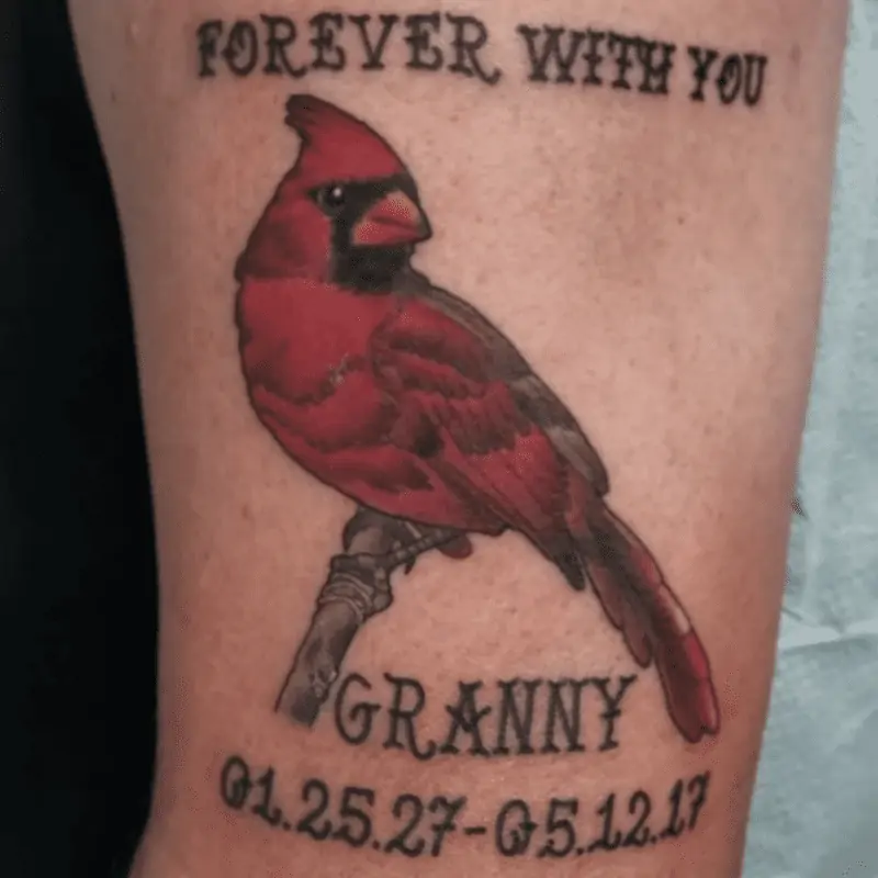 In Loving Memory Tattoo -  "Forever With You - Granny" under a cardinal