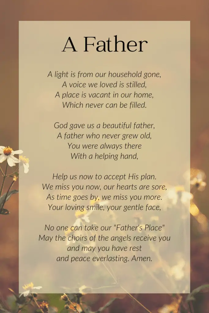 Missing Dad Poem for Funeral Reading
A Father

A light is from our household gone,
A voice we loved is stilled,
A place is vacant in our home,
Which never can be filled.

God gave us a beautiful father,
A father who never grew old,
You were always there
With a helping hand,

Help us now to accept His plan.
We miss you now, our hearts are sore,
As time goes by, we miss you more.
Your loving smile, your gentle face,

No one can take our "Father's Place"
May the choirs of the angels receive you
and may you have rest
and peace everlasting. Amen.
Author - Unknown

