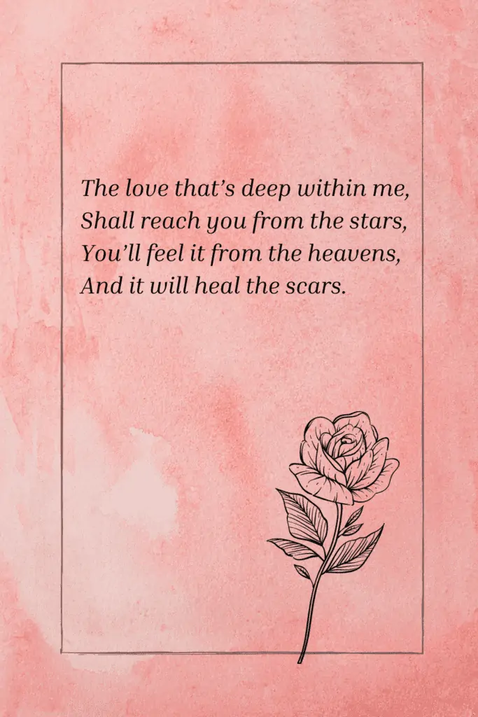 Short Funeral Poem for Dad

If I should go tomorrow
It would never be goodbye,
For I have left my heart with you,
So don’t you ever cry.

The love that’s deep within me,
Shall reach you from the stars,
You’ll feel it from the heavens,
And it will heal the scars.

﻿