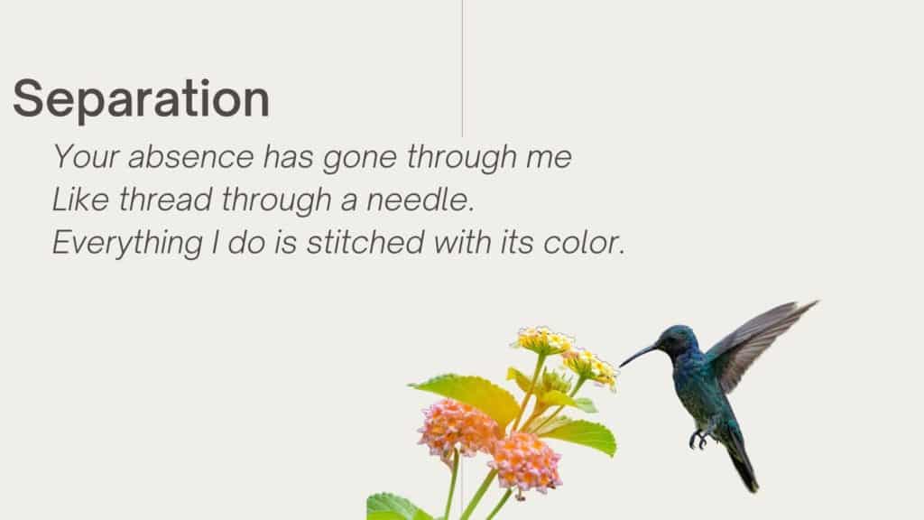 Short Funeral Poem "Separation - Your absence has gone through me
Like thread through a needle.
Everything I do is stitched with its color."