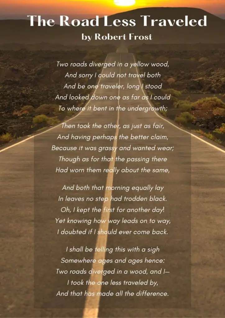 The Road Less Traveled Funeral Poem by Robert Frost. Image is meant for a downloadable PDF